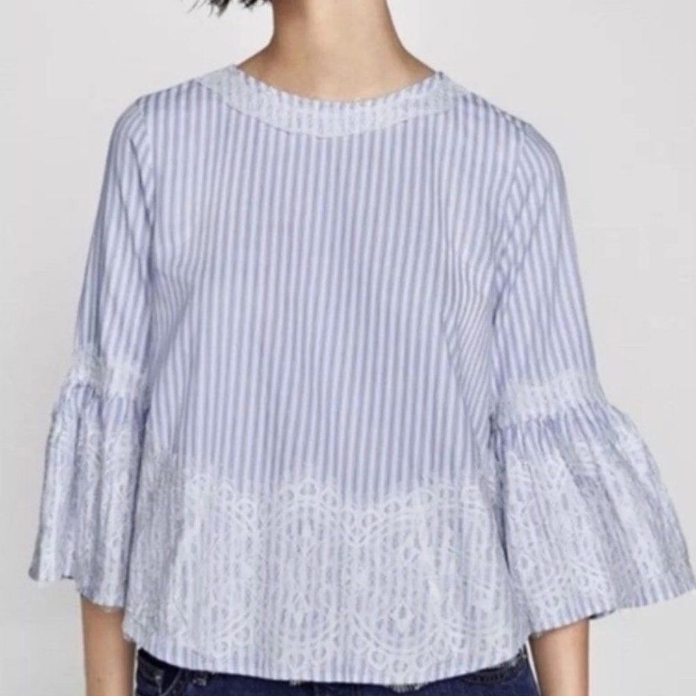 zara BLUE WHITE STRIPED Blue/White  BLOUSE WITH LACE HEM DETAIL Open Tie Back